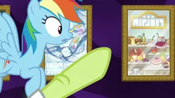 Size: 1280x720 | Tagged: safe, derpibooru import, screencap, granny smith, rainbow dash, pony, grannies gone wild, granny smith choosing poster, image, png, poster, wild blue yonder