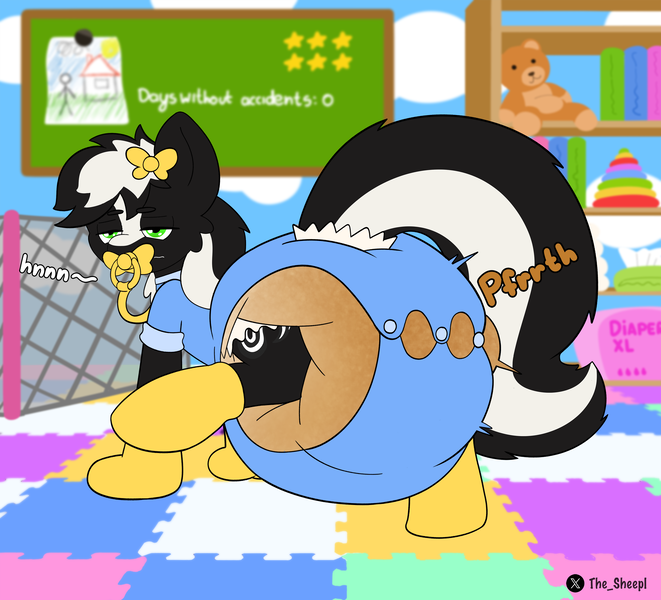 Size: 3272x2968 | Tagged: grotesque, questionable, alternate version, artist:thesheepl, derpibooru import, oc, oc:zenawa skunkpony, earth pony, hybrid, pony, skunk, skunk pony, abdl, adult foal, booties, bow, diaper, diaper fetish, diaper package, earth pony oc, fetish, grunting, hair bow, high res, hybrid oc, image, lidded eyes, looking at you, male, messing, messy diaper, non-baby in diaper, nursery, onesie, onomatopoeia, pacifier, png, poofy diaper, poop, pooping in diaper, poopy diaper, raised leg, raised tail, scrunchy face, solo, solo male, stallion, tail, used diaper