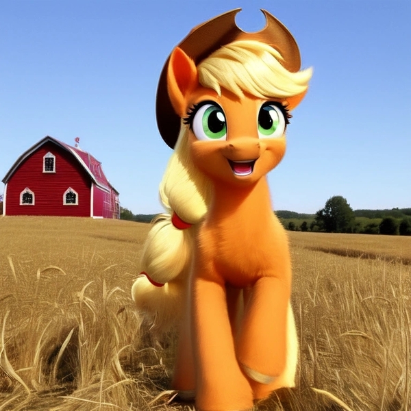 Size: 768x768 | Tagged: safe, derpibooru import, machine learning generated, stable diffusion, applejack, earth pony, pony, ai content, cute, detailed, farm, female, generator:purplesmart.ai, image, irl, jackabetes, jpeg, mare, open mouth, outdoors, photo, ponies in real life, realistic, smiling, solo
