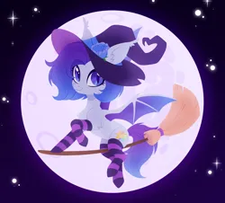 Size: 3320x3000 | Tagged: safe, artist:belka-sempai, derpibooru import, oc, unofficial characters only, bat pony, pony, bat pony oc, bat wings, broom, clothes, commission, flying, flying broomstick, full moon, hat, image, moon, png, socks, solo, stars, striped socks, wings, witch hat, ych result