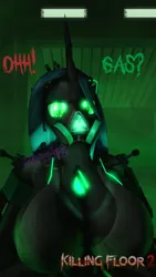 Size: 720x1280 | Tagged: suggestive, artist:scarthepuppet, derpibooru import, queen chrysalis, anthro, changeling, changeling queen, 3d, big breasts, breasts, busty queen chrysalis, dialogue, exosuit, female, gas mask, halloween, holiday, image, killing floor, mask, parody, png, sexy, solo, solo female, source filmmaker