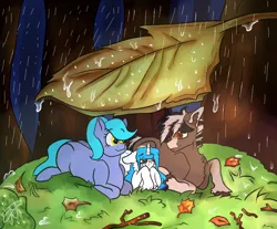 Size: 1280x1061 | Tagged: safe, artist:deadsmoke, derpibooru import, oc, oc:cristopher, oc:kate sanders, oc:snowflake white, unofficial characters only, earth pony, unicorn, autumn, detailed background, forest, heavy rain, image, leaves, png, rain, smiling, somber, tree