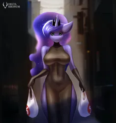 Size: 1630x1728 | Tagged: safe, artist:delta hronum, derpibooru import, princess luna, alicorn, anthro, big breasts, breasts, city, clothes, crown, dress, evening gloves, gloves, groceries, hips, image, jewelry, large butt, long gloves, looking at you, mommy, package, png, regalia, solo
