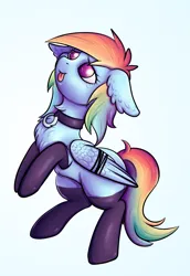 Size: 1919x2791 | Tagged: suggestive, artist:coco-drillo, derpibooru import, rainbow dash, pegasus, pony, begging, blue background, bondage, bound wings, chest fluff, clothes, collar, dashsub, ear fluff, femsub, floppy ears, image, latex, latex socks, png, simple background, socks, solo, submissive, tongue out, wings