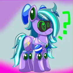 Size: 2000x2000 | Tagged: safe, artist:trackheadtherobopony, derpibooru import, oc, oc:cyanette, earth pony, pony, robot, robot pony, image, png, question mark, roboticization, solo