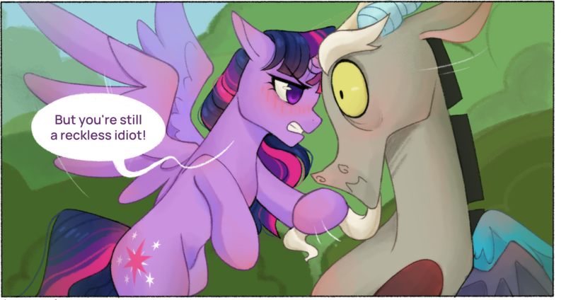 Size: 2955x1567 | Tagged: safe, artist:daffolyn, derpibooru import, part of a set, discord, twilight sparkle, twilight sparkle (alicorn), alicorn, draconequus, pony, comic:discordant intentions, comic:discordant intentions (version 1), comic:discordant intentions (version 2), the ending of the end, beard, blushing, commission, commissioner:zcord, facial hair, female, hair pulling, image, male, outdoors, png, scared, shocked, shocked expression, tsundere