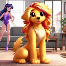 Size: 1024x1024 | Tagged: safe, derpibooru import, machine learning generated, sunset shimmer, twilight sparkle, dog, human, ai content, clothes, dogified, duo, female, horn, horned humanization, humanized, image, jpeg, leotard, looking at you, solo focus, species swap, tongue out