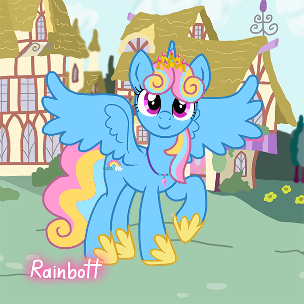 Size: 600x600 | Tagged: safe, artist:rainbott, artist:user15432, derpibooru import, oc, oc:rainbow seaheart, alicorn, pony, blue coat, crown, female, image, jewelry, looking at you, mare, multicolored hair, necklace, picrew, pink eyes, png, ponysona creator, ponyville, rainbow hair, rainbow tail, raised hoof, regalia, seashell necklace, shoes, smiling, solo, solo female