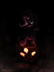 Size: 3000x4000 | Tagged: safe, artist:calebpedigo, derpibooru import, pinkie pie, earth pony, pony, black background, dramatic lighting, female, halloween, holiday, image, jack-o-lantern, looking at you, mare, png, pumpkin, simple background, smiling, smiling at you, solo