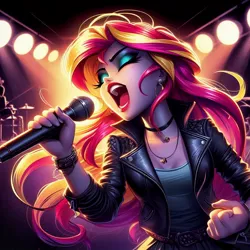 Size: 1024x1024 | Tagged: safe, derpibooru import, machine learning generated, sunset shimmer, human, equestria girls, ai content, clothes, derpibooru exclusive, generator:dall-e 3, human coloration, image, jacket, jpeg, leather, leather jacket, microphone, prompter:siber, singing, solo, spotlight