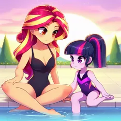 Size: 1024x1024 | Tagged: safe, derpibooru import, machine learning generated, sunset shimmer, twilight sparkle, human, equestria girls, ai content, child, clothes, duo, duo female, female, image, jpeg, leotard, mother and child, mother and daughter, one-piece swimsuit, swimming pool, swimsuit, wrong eye color, younger