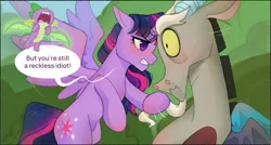 Size: 2888x1543 | Tagged: safe, alternate version, artist:daffolyn, derpibooru import, editor:zcord, part of a set, discord, twilight sparkle, twilight sparkle (alicorn), alicorn, draconequus, pony, comic:discordant intentions, comic:discordant intentions (version 1), comic:discordant intentions (version 2), the ending of the end, beard, blushing, commission, commissioner:zcord, facial hair, female, hair pulling, image, male, outdoors, png, scared, ship:discolight, shipping, shocked, shocked expression, straight, tsundere