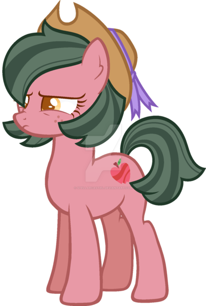 Size: 1024x1524 | Tagged: safe, artist:stellarcastiel, derpibooru import, oc, oc:apple jasper, unofficial characters only, earth pony, pony, base used, colored pupils, deviantart watermark, female, freckles, hat, image, mare, obtrusive watermark, offspring, parent:big macintosh, parent:marble pie, parents:marblemac, png, simple background, solo, transparent background, watermark