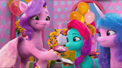 Size: 1920x1084 | Tagged: safe, derpibooru import, screencap, izzy moonbow, pipp petals, g5, my little pony: make your mark, spoiler:g5, spoiler:my little pony: make your mark, spoiler:my little pony: make your mark chapter 5, spoiler:mymc05e05, animated, balloon, bottle, container, decoration, flying, gif, happy, image, jazz has no ears, jazz hooves, mane smelody, my little pony: make your mark chapter 5, no ears, pink thistle, smelling, sniffing