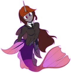 Size: 2631x2713 | Tagged: safe, alternate version, artist:bryony6210, derpibooru import, oc, oc:funny jo, unofficial characters only, human, mermaid, equestria girls, business suit, clothes, female, fins, fish tail, heterochromia, horn, image, mermaid tail, mermaidized, multicolored tail, necktie, png, scar, shading, side fins, simple background, slit pupils, smiling, solo, species swap, tail, transparent background