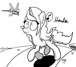 Size: 800x700 | Tagged: safe, artist:ebbysharp, derpibooru import, izzy moonbow, dragonfly, insect, pony, g5, image, monochrome, png, solo