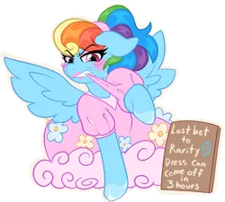 Size: 1280x1152 | Tagged: safe, artist:darkwatertopaz, derpibooru import, rainbow dash, pegasus, pony, alternate hairstyle, blushing, clothes, dress, female, floral print, frilly dress, image, lipstick, lost bet, mare, mouth hold, png, rainbow dash always dresses in style, rainbow dash is not amused, sign, simple background, solo, transparent background, unamused