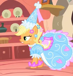 Size: 1117x1152 | Tagged: safe, derpibooru import, screencap, applejack, earth pony, pony, look before you sleep, season 1, annoyed, applejack also dresses in style, clothes, cropped, dress, female, froufrou glittery lacy outfit, golden oaks library, gown, image, jpeg, library, mare, princess applejack, solo
