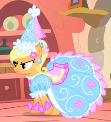 Size: 1016x1108 | Tagged: safe, derpibooru import, screencap, applejack, earth pony, pony, look before you sleep, season 1, angry, annoyed, applejack also dresses in style, clothes, cropped, dress, female, froufrou glittery lacy outfit, golden oaks library, gown, image, jpeg, library, mare, princess applejack, solo