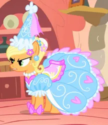 Size: 982x1135 | Tagged: safe, derpibooru import, screencap, applejack, earth pony, pony, look before you sleep, season 1, angry, annoyed, applejack also dresses in style, clothes, cropped, dress, female, froufrou glittery lacy outfit, golden oaks library, gown, image, jpeg, library, mare, princess applejack, solo