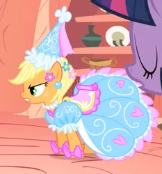 Size: 834x896 | Tagged: safe, derpibooru import, screencap, twilight sparkle, earth pony, pony, unicorn, look before you sleep, season 1, angry, annoyed, applejack also dresses in style, clothes, cropped, dress, eyes closed, female, froufrou glittery lacy outfit, golden oaks library, gown, image, jpeg, library, mare, princess applejack, unicorn twilight