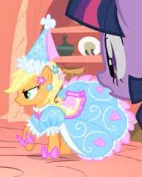 Size: 795x987 | Tagged: safe, derpibooru import, screencap, applejack, twilight sparkle, earth pony, pony, unicorn, look before you sleep, season 1, angry, annoyed, applejack also dresses in style, clothes, cropped, dress, froufrou glittery lacy outfit, golden oaks library, gown, image, jpeg, library, princess applejack, surprised, unicorn twilight