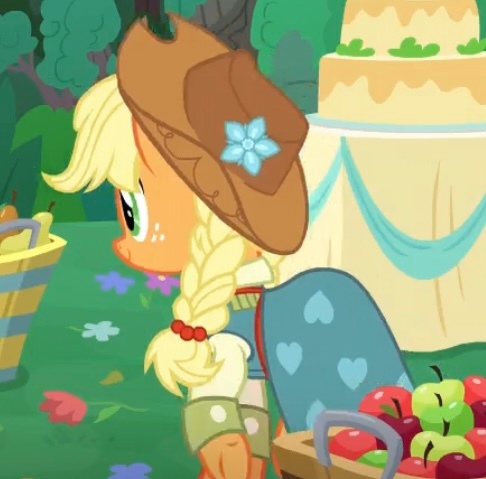 Size: 486x479 | Tagged: safe, derpibooru import, screencap, applejack, pony, the big mac question, alternate hairstyle, apple, applejack's country dress, braid, cake, clothes, cropped, dress, female, food, formal wear, gown, image, jpeg, mare, marriage, pear, rear view, solo, sweet apple acres, table, wedding