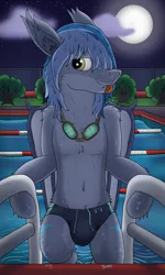 Size: 3000x5000 | Tagged: suggestive, artist:tacomytaco, derpibooru import, oc, oc:midnight snowstorm, unofficial characters only, belly button, clothes, crotch bulge, dripping, goggles, image, ladder, male, moon, night, png, solo, solo male, speedo, swimming pool, swimsuit, tongue out, toplesss, water, wet