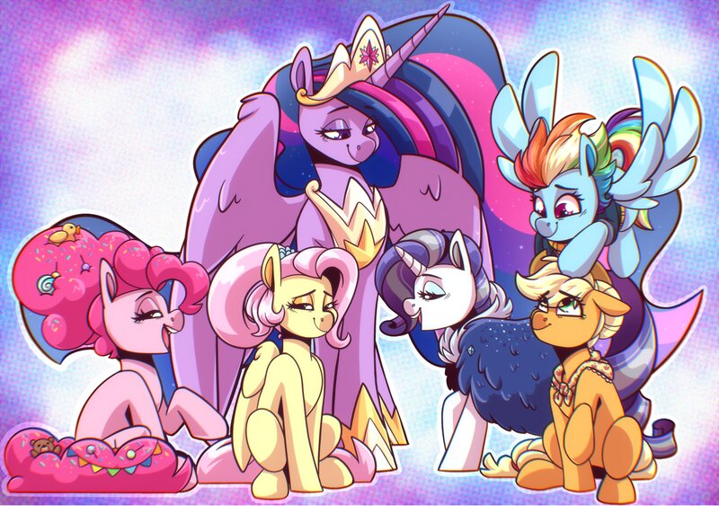 Size: 4096x2880 | Tagged: safe, artist:lrusu, derpibooru import, applejack, fluttershy, pinkie pie, princess twilight 2.0, rainbow dash, rarity, twilight sparkle, twilight sparkle (alicorn), alicorn, earth pony, pegasus, pony, unicorn, the last problem, applejack's hat, candy, candy in mane, cape, closed mouth, clothes, cowboy hat, crown, eyes closed, eyeshadow, floppy ears, flying, folded wings, food, hat, hoof shoes, image, jewelry, jpeg, lidded eyes, looking at each other, looking at someone, looking down, looking up, makeup, mane six, older, older applejack, older fluttershy, older mane six, older pinkie pie, older rainbow dash, older rarity, older twilight, open mouth, peytral, plushie, ponytail, princess shoes, raised hoof, regalia, shawl, sitting, spread wings, teddy bear, tiara, wings