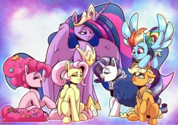 Size: 4096x2880 | Tagged: safe, artist:lrusu, derpibooru import, applejack, fluttershy, pinkie pie, princess twilight 2.0, rainbow dash, rarity, twilight sparkle, twilight sparkle (alicorn), alicorn, earth pony, pegasus, pony, unicorn, the last problem, applejack's hat, candy, candy in mane, cape, closed mouth, clothes, cowboy hat, crown, ethereal mane, ethereal tail, eyes closed, eyeshadow, floppy ears, flying, folded wings, food, hat, hoof shoes, image, jewelry, jpeg, lidded eyes, looking at each other, looking at someone, looking down, looking up, makeup, mane six, older, older applejack, older fluttershy, older mane six, older pinkie pie, older rainbow dash, older rarity, older twilight, open mouth, peytral, plushie, ponytail, princess shoes, raised hoof, regalia, shawl, sitting, spread wings, starry mane, starry tail, teddy bear, tiara, wings