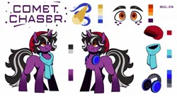 Size: 2048x1122 | Tagged: safe, artist:lrusu, derpibooru import, oc, oc:comet chaser, unofficial characters only, pony, unicorn, beanie, chest fluff, closed mouth, clothes, freckles, gradient legs, hat, headphones, horn, image, jpeg, male, orange eyes, reference sheet, scarf, simple background, smiling, solo, standing, unicorn oc, white background