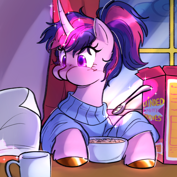 Size: 2000x2000 | Tagged: safe, artist:starsbursts, derpibooru import, twilight sparkle, twilight sparkle (alicorn), alicorn, pony, alternate hairstyle, aweeg*, bowl, cereal, cereal box, clothes, curved horn, cute, eating, female, food, glow, glowing horn, grinded pony hooves, horn, image, magic, mare, paper, png, ponytail, solo, spoon, sweater, twiabetes, unshorn fetlocks