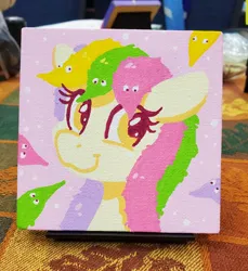 Size: 2736x2984 | Tagged: safe, artist:dandy, derpibooru import, oc, oc:worm on a string, unofficial characters only, earth pony, pony, acrylic painting, bust, commission, earth pony oc, female, floppy ears, image, jpeg, looking at you, mare, portrait, smiling, solo, toy, traditional art, worms