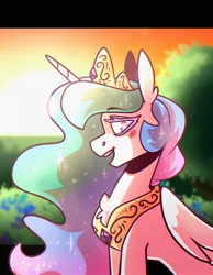 Size: 1590x2048 | Tagged: safe, artist:lrusu, derpibooru import, princess celestia, alicorn, pony, blush sticker, blushing, chest fluff, colored eyelashes, crown, ear fluff, ethereal mane, female, folded wings, image, jewelry, jpeg, looking at you, mare, peytral, regalia, solo, sparkly mane, tiara, wings