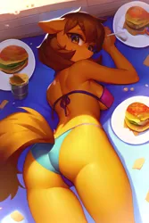 Size: 2048x3072 | Tagged: suggestive, derpibooru import, machine learning generated, stable diffusion, oc, oc:venus spring, unofficial characters only, anthro, ai content, ass, bikini, breasts, burger, butt, clothes, cute, female, floppy ears, food, generator:purplesmart.ai, image, jpeg, looking at you, looking back, looking back at you, lying down, prompter:lerkyboy, solo, solo female, swimsuit, underwear