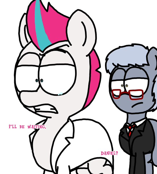 Size: 3023x3351 | Tagged: safe, artist:professorventurer, derpibooru import, zipp storm, oc, oc:daniel strauss, earth pony, pegasus, pony, series:ask pippamena, g5, clothes, female, glasses, image, lab coat, male, mare, necktie, png, stallion, suit, teary eyes