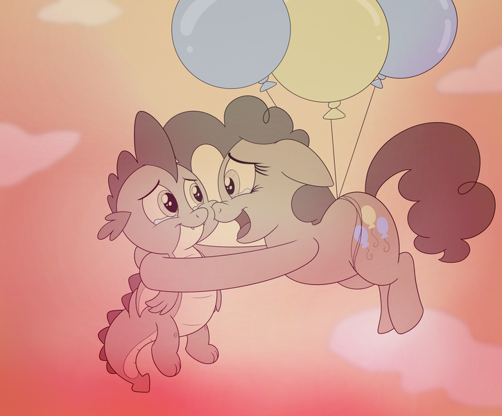 Size: 3500x2900 | Tagged: safe, artist:rupert, derpibooru import, pinkie pie, spike, dragon, earth pony, pony, series:spiketober: rupert style, balloon, cloud, crying, cute, diapinkes, duo, fangs, female, floating, floppy ears, holding, holding a dragon, image, male, monochrome, png, puppy dog eyes, shipping fuel, sky, smiling, spikabetes, tears of joy, teary eyes, then watch her balloons lift her up to the sky, winged spike, wings