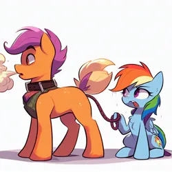 Size: 1024x1024 | Tagged: safe, derpibooru import, machine learning generated, rainbow dash, scootaloo, dog, dog pony, original species, pegasus, pony, ai content, clothes, collar, duo, female, generator:dall-e 3, image, implied anal insertion, implied insertion, jpeg, leash, male, mare, prompter:nebbie, rule 63, scarf, simple background, smoke, white background