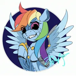 Size: 2894x2894 | Tagged: safe, artist:co306012, derpibooru import, rainbow dash, pegasus, pony, robot, robot pony, bust, image, jpeg, looking at you, simple background, smiling, smirk, solo, white background