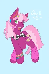 Size: 1365x2048 | Tagged: safe, artist:mscolorsplash, derpibooru import, cheerilee, earth pony, pony, 80s, 80s cheerilee, blue background, braces, clothes, female, image, leg warmers, mare, one eye closed, open mouth, open smile, png, ponytober, simple background, smiling, solo