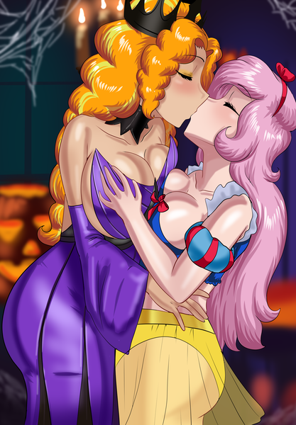 Size: 1424x2048 | Tagged: source needed, suggestive, artist:thebrokencog, derpibooru import, adagio dazzle, fluttershy, human, big breasts, breasts, busty adagio dazzle, busty fluttershy, cleavage, clothes, commission, costume, detached sleeves, eyes closed, female, females only, halloween, halloween costume, holiday, humanized, image, jewelry, kissing, lesbian, midriff, png, puffy sleeves, shipping, shyagio, tiara