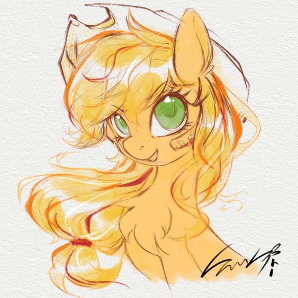 Size: 2048x2048 | Tagged: safe, artist:co306012, derpibooru import, applejack, earth pony, pony, bust, chest fluff, hat, image, jpeg, looking at you, simple background, smiling, solo