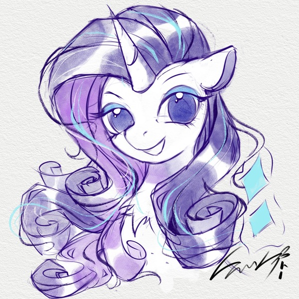 Size: 2048x2048 | Tagged: safe, artist:co306012, derpibooru import, rarity, pony, unicorn, bust, image, jpeg, looking at you, simple background, smiling, solo