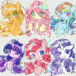 Size: 4224x4224 | Tagged: safe, artist:co306012, derpibooru import, applejack, fluttershy, pinkie pie, rainbow dash, rarity, twilight sparkle, earth pony, pegasus, pony, unicorn, bust, hairpin, hat, image, jpeg, looking at you, one eye closed, simple background, smiling, wink