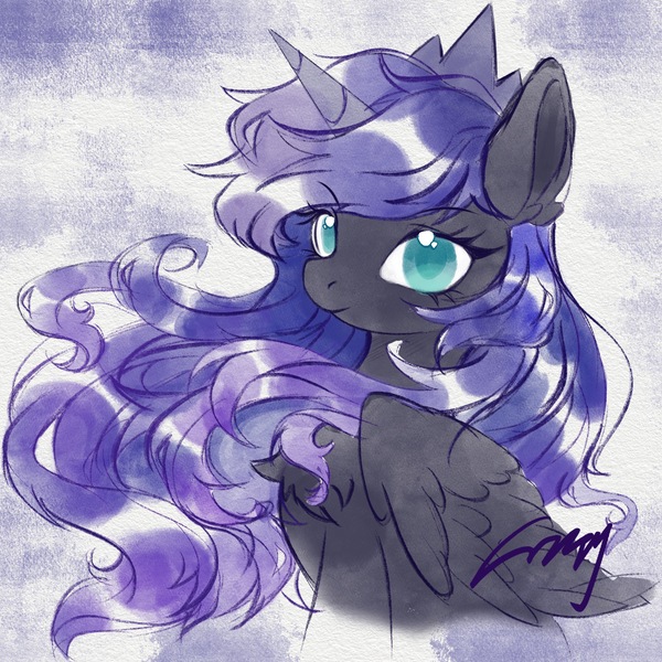 Size: 2048x2048 | Tagged: safe, artist:co306012, derpibooru import, princess luna, alicorn, pony, bust, chest fluff, crown, image, jewelry, jpeg, looking at you, regalia, simple background, sitting, smiling, solo