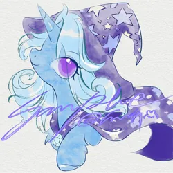 Size: 2048x2048 | Tagged: safe, artist:co306012, derpibooru import, trixie, pony, unicorn, bust, cape, clothes, hat, image, jpeg, looking at you, simple background, smiling, solo, witch hat