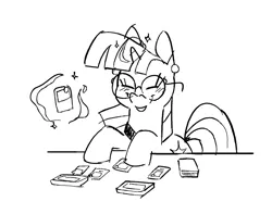Size: 1222x965 | Tagged: safe, artist:kyssimmee, derpibooru import, twilight sparkle, pony, unicorn, black and white, card game, eyes closed, female, glasses, grayscale, image, levitation, magic, mare, monochrome, playing card, png, round glasses, simple background, smiling, solo, telekinesis, unicorn twilight, white background