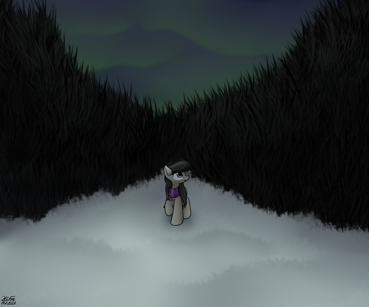 Size: 3600x3000 | Tagged: safe, artist:the-furry-railfan, derpibooru import, octavia melody, earth pony, aurora borealis, clothes, cloud, cloudy, forest, image, night, png, scarf, snow, tree, uneasy, winter