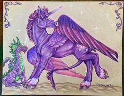 Size: 2182x1689 | Tagged: safe, artist:unacctmango, derpibooru import, part of a set, spike, twilight sparkle, twilight sparkle (alicorn), alicorn, dragon, horse, pony, colored pencil drawing, duo, duo male and female, female, g4, hoers, image, jpeg, leonine tail, male, mare, signature, tail, traditional art, unshorn fetlocks, wingless spike