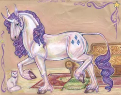 Size: 2161x1705 | Tagged: safe, artist:unacctmango, derpibooru import, part of a set, opalescence, rarity, cat, classical unicorn, horse, pony, unicorn, carpet, cloven hooves, colored pencil drawing, cushion, duo, duo female, fainting couch, female, g4, hoers, horn, image, jpeg, leonine tail, mare, signature, traditional art, unshorn fetlocks